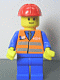 Minifig No: trn121 Name: Orange Vest with Safety Stripes - Blue Legs, Red Construction Helmet Minifig No: trn121 Name: Orange Vest with Safety Stripes - Blue Legs, Red Construction Helmet