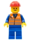 Minifig No: trn121  Name: Orange Vest with Safety Stripes - Blue Legs, Red Construction Helmet