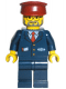 Minifig No: trn123 Name: Dark Blue Suit with Train Logo, Dark Blue Legs, Dark Red Hat - Conductor Minifig No: trn123 Name: Dark Blue Suit with Train Logo, Dark Blue Legs, Dark Red Hat - Conductor