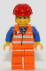 Minifig No: trn130 Name: Orange Vest with Safety Stripes - Orange Legs, Red Construction Helmet, Red Bangs Minifig No: trn130 Name: Orange Vest with Safety Stripes - Orange Legs, Red Construction Helmet, Red Bangs