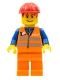 Minifig No: trn130  Name: Orange Vest with Safety Stripes - Orange Legs, Red Construction Helmet, Red Bangs