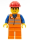 Minifig No: trn132  Name: Orange Vest with Safety Stripes - Orange Legs, Red Construction Helmet, Black Hair, Eyebrows, and Smirk