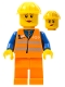 Minifig No: trn145  Name: Orange Vest with Safety Stripes - Orange Legs, Yellow Construction Helmet, Female Dual Sided Head