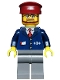 Minifig No: trn148  Name: Dark Blue Suit with Train Logo, Dark Bluish Gray Legs, Dark Red Hat, Beard and Glasses