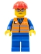 Minifig No: trn225  Name: Orange Vest with Safety Stripes - Blue Legs, Silver Glasses, Red Construction Helmet