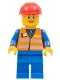 Minifig No: trn226  Name: Orange Vest with Safety Stripes - Blue Legs, Gray Frame Glasses, Red Construction Helmet