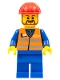 Minifig No: trn230  Name: Orange Vest with Safety Stripes - Blue Legs, Red Construction Helmet, Brown Beard Rounded