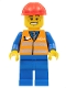 Minifig No: trn232  Name: Orange Vest with Safety Stripes - Blue Legs, Cheek Lines and Wide Grin, Red Construction Helmet