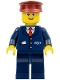 Minifig No: trn234  Name: Steward - Dark Blue Suit with Train Logo, Dark Blue Legs, Dark Red Hat, Glasses