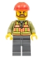 Minifig No: trn235  Name: Light Orange Safety Vest, Dark Bluish Gray Legs, Red Construction Helmet, Brown Beard