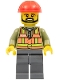 Minifig No: trn235a  Name: Light Orange Safety Vest, Dark Bluish Gray Legs, Red Construction Helmet, Black Beard