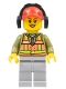 Minifig No: trn236  Name: Light Orange Safety Vest, Light Bluish Gray Legs, Red Cap with Hole, Headphones, Peach Lips