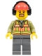 Minifig No: trn238  Name: Light Orange Safety Vest, Dark Bluish Gray Legs, Red Construction Helmet with Headset, Brown Moustache and Goatee