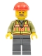 Minifig No: trn239  Name: Light Orange Safety Vest, Dark Bluish Gray Legs, Red Construction Helmet, Beard Light Brown Angular