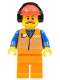 Minifig No: trn240  Name: Orange Vest with Safety Stripes - Orange Legs, Red Construction Helmet with Black Ear Protectors / Headphones