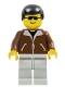 Minifig No: twn003  Name: Jacket Brown - Light Gray Legs, Black Male Hair, Black Sunglasses