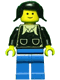 Minifig No: twn018  Name: Patron - Black Torso with Pockets and Collar (Torso Sticker), Blue Legs, Black Pigtails Hair