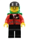 Minifig No: twn026  Name: Red Jacket with Zipper Pockets and Classic Space Logo, Black Legs, Black Cap, Green Backpack with Sleeping Bag