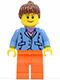 Minifig No: twn029  Name: Medium Blue Jacket, Orange Legs, Reddish Brown Ponytail Hair