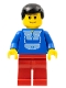 Minifig No: twn037  Name: Jogging Suit, Red Legs, Black Male Hair, Wide Smile and Eyebrows