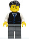 Minifig No: twn049  Name: Black Vest with Blue Striped Tie, Dark Bluish Gray Legs, White Arms, Black Short Tousled Hair