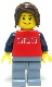 Minifig No: twn051  Name: Red Shirt with 3 Silver Logos, Dark Blue Arms, Sand Blue Legs, Dark Brown Hair Ponytail Long with Side Bangs