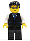 Minifig No: twn052  Name: Black Vest with Blue Striped Tie, Black Legs, White Arms, Black Short Tousled Hair, Glasses