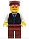 Minifig No: twn068  Name: Black Vest with Blue Striped Tie, Dark Red Legs, White Arms, Dark Red Hat, Moustache