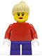 Minifig No: twn090a  Name: Plain Red Torso with Red Arms, Dark Purple Short Legs, Tan Female Ponytail Hair, Black Eyebrows