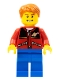 Minifig No: twn097  Name: Red Jacket with Zipper Pockets and Classic Space Logo, Blue Legs, Dark Orange Short Tousled Hair