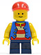 Minifig No: twn105  Name: Vest over Red and White Striped Shirt, Dark Blue Short Legs, Red Short Bill Cap