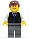 Minifig No: twn108  Name: Black Vest with Blue Striped Tie, Dark Bluish Gray Legs, White Arms, Reddish Brown Male Hair