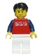 Minifig No: twn111  Name: Red Shirt with 3 Silver Logos, Dark Blue Arms, White Legs, Black Short Tousled Hair