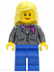 Minifig No: twn119  Name: Dark Bluish Gray Jacket with Magenta Scarf, Blue Legs, Bright Light Yellow Female Hair Mid-Length