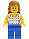 Minifig No: twn129  Name: Shirt with Female Rainbow Stars Pattern, Blue Legs, Dark Orange Female Hair Mid-Length