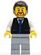 Minifig No: twn135  Name: Black Vest with Blue Striped Tie, Light Bluish Gray Legs, White Arms, Dark Brown Hair, Brown Beard Rounded