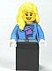 Minifig No: twn147  Name: Medium Blue Jacket with Light Purple Scarf, Black Skirt, Bright Light Yellow Female Hair over Shoulder