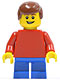 Minifig No: twn152  Name: Plain Red Torso with Red Arms, Blue Short Legs, Reddish Brown Male Hair