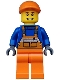 Minifig No: twn174  Name: Overalls with Safety Stripe Orange, Orange Legs, Orange Short Bill Cap, Thin Grin with Teeth