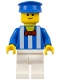 Minifig No: twn178  Name: Palace Cinema Employee - Blue Shirt with White Stripes and Red Bow Tie, White Legs, Blue Police Hat, Standard Grin