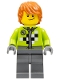 Minifig No: twn184  Name: Lime Jacket with Wrench and Black and White Checkered Pattern, Dark Bluish Gray Legs, Dark Orange Hair, Crooked Smile