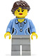 Minifig No: twn188  Name: Medium Blue Female Shirt with Two Buttons and Shell Pendant, Light Bluish Gray Legs, Dark Brown Ponytail Long French Braided