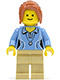 Minifig No: twn189  Name: Medium Blue Female Shirt with Two Buttons and Shell Pendant, Tan Legs, Dark Orange Hair Ponytail Long with Side Bangs
