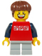 Minifig No: twn205  Name: Red Shirt with 3 Silver Logos, Dark Blue Arms, Light Bluish Gray Short Legs, Reddish Brown Hair