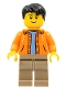 Minifig No: twn212  Name: Orange Jacket with Hood over Light Blue Sweater, Dark Tan Legs, Black Short Tousled Hair