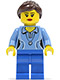 Minifig No: twn213  Name: Medium Blue Female Shirt with Two Buttons and Shell Pendant, Blue Legs, Dark Brown Ponytail and Swept Sideways Fringe