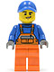 Minifig No: twn232  Name: Overalls with Safety Stripe Orange, Orange Legs, Blue Cap with Hole, Lopsided Grin