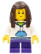 Minifig No: twn266  Name: White Hoodie with Blue Pockets, Dark Purple Short Legs, Dark Brown Long Straight Hair with Side Part