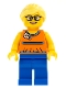 Minifig No: twn279  Name: Orange Halter Top with Medium Blue Trim and Flowers Pattern, Blue Legs, Bright Light Yellow Ponytail and Swept Sideways Fringe