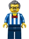 Minifig No: twn292  Name: Carousel Ticket Vendor - Blue Shirt with White Stripes and Red Bow Tie, Dark Blue Legs, Dark Bluish Gray Swept Back Hair, Moustache and Glasses